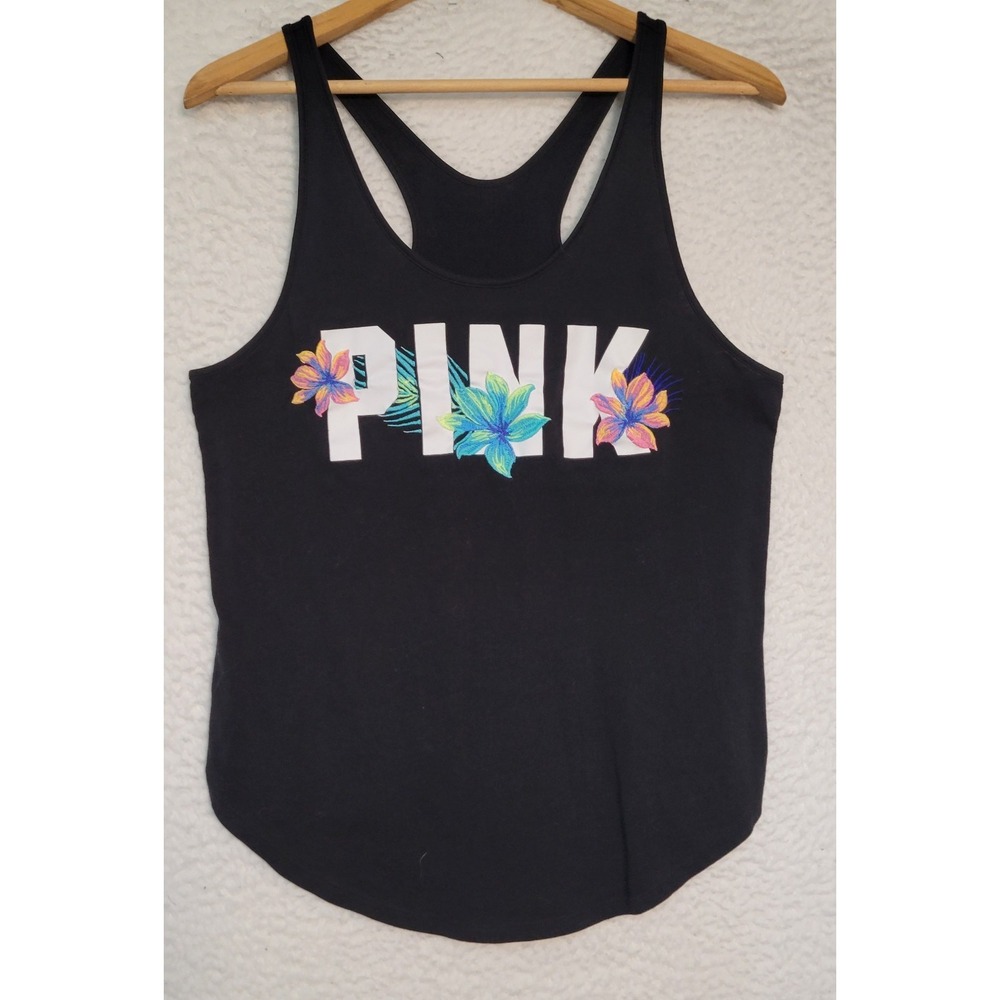 PINK Victoria's Secret Tank Top Size M Black Sleeveless Floral Embroidered 1949
